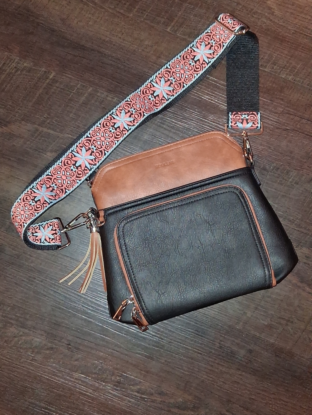 Roulens Two-Tone Black and Brown Crossbody Bag with Decorative Strap